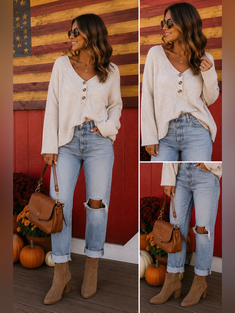 Lush Cream Button V-Neck Knit Sweater